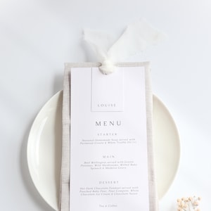 Menú de boda con cinta y etiqueta con nombre / Menú de boda blanco / Tarjeta de lugar de boda / Tarjetas de menú de boda / Boda moderna / 'Perla'