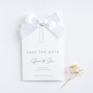 White Ribbon Save the Date Card | Wedding Invitation | White Wedding | Elegant Save the Date | Bow Save the Date | Printed Save the Date