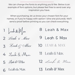 Puede incluir: Una tabla de selecci&oacute;n de fuentes titulada FONTS, que muestra catorce opciones numeradas para los nombres Leah & Max. El texto incluye instrucciones sobre c&oacute;mo cambiar las fuentes, enviar inspiraci&oacute;n y recibir una prueba antes de imprimir.
