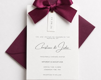 Conjunto de invitaciones de boda con lazo burdeos / Elegante conjunto de invitaciones con lazo / Papelería de boda de lujo