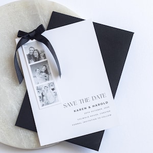 Karta „Zapisz datę” ze zdjęciem i kokardą | Spersonalizowane, nowoczesne zaproszenie ślubne | Wydrukowane
