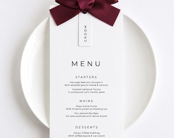 Burgundy Wedding Menu Place Card with Ribbon: Custom Printed, Christmas Wedding