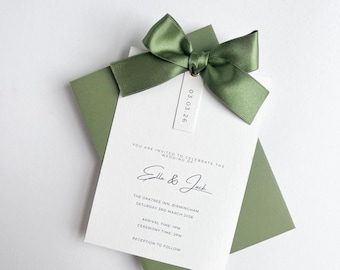 Conjunto de invitaciones de boda con lazo de salvia / Invitación de boda con RSVP y tarjeta de detalles / Elegante juego de invitaciones con lazo / Papelería de boda de lujo