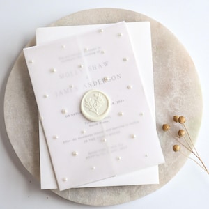 Perle Perlmutt-Hochzeits-Einladungs-Reihe | Pergament Hochzeitseinladung mit Wachs Siegel | Moderne Hochzeit | Elegante Hochzeitseinladung Set | Perle