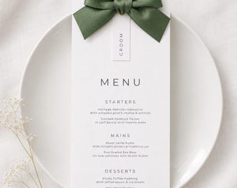 Sage Ribbon Wedding Menu with Place Card | Printed Customised with Bow