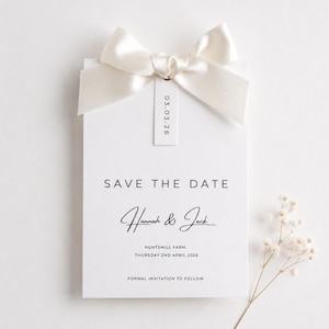 White Ribbon Save the Date Card | Elegant Wedding Invitation, Ivory Bow Detail