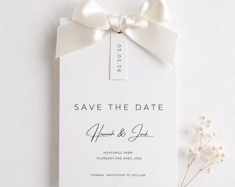 White Ribbon Save the Date Card | Elegant Wedding Invitation, Ivory Bow Detail