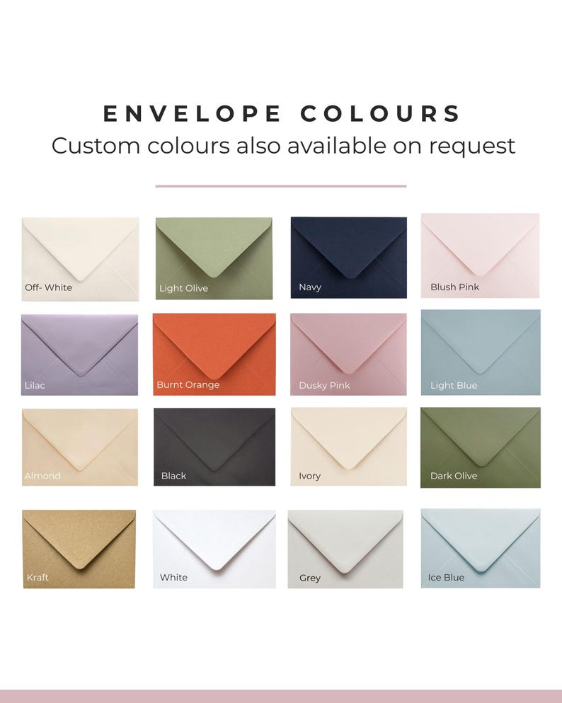 Puede incluir: Una carta de colores que muestra diecis&eacute;is sobres en varios tonos, incluyendo blanco roto, oliva claro, azul marino, rosa palo, lila, naranja quemado, rosa oscuro, azul claro, almendra, negro, marfil, oliva oscuro, kraft, blanco, gris y azul hielo.