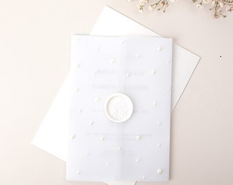 Suite de invitación de boda Pearl Vellum / Invitación de boda Vellum con sello de cera / Boda moderna / Elegante conjunto de invitación de boda / 'Perla'