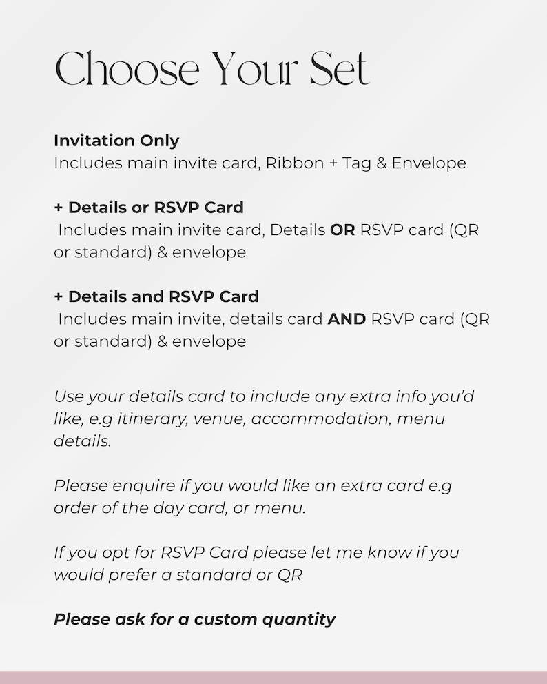 Puede incluir: Una tarjeta informativa blanca con texto negro titulada Choose Your Set. Enumera opciones para conjuntos de invitaci&oacute;n que incluyen tarjetas de invitaci&oacute;n, cintas, etiquetas, sobres, tarjetas de detalles y tarjetas RSVP.