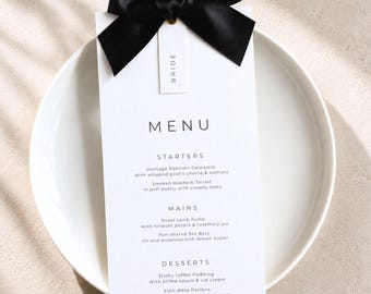 Black Ribbon Wedding Menu with Place Card | Printed Wedding Menu | Bow Detail