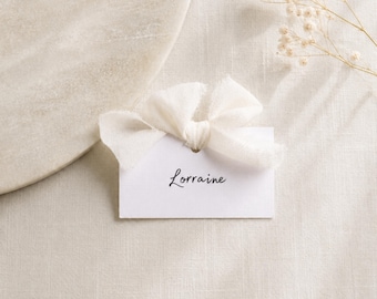 Personalized Wedding Place Card: White Linen, Chiffon Ribbon