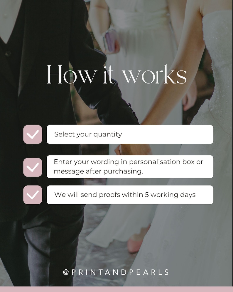 Puede incluir: Un gr&aacute;fico informativo titulado How it works con tres pasos: Select your quantity, Enter your wording in personalisation box or message after purchasing, y We will send proofs within 5 working days. El texto @PRINTANDPEARLS aparece en la parte inferior.