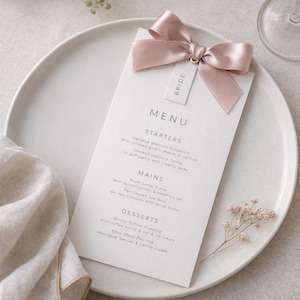 Pink Ribbon Hochzeitsmenü mit Namensschild | Rosa Hochzeits-Menü | Hochzeit Tischkarte | Gedruckte Hochzeitsmenükarten | Menü angepasst