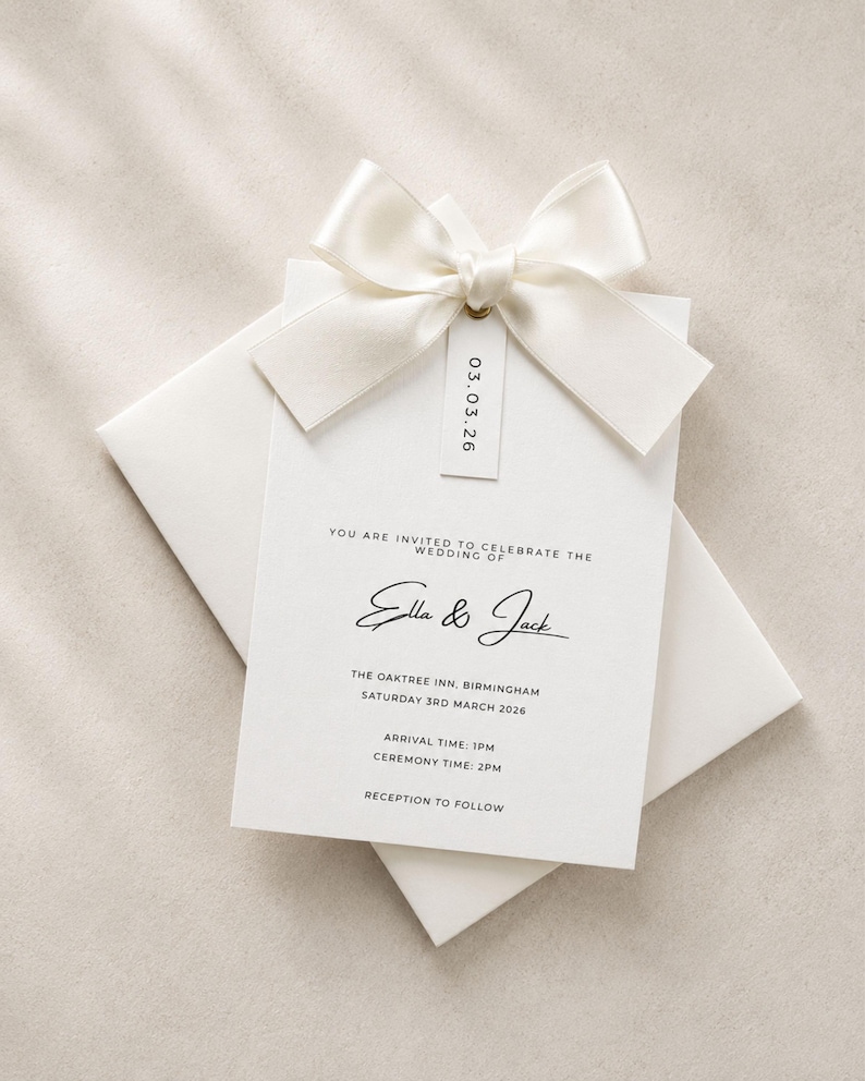 Puede incluir: Una tarjeta de invitaci&oacute;n de boda blanca con texto negro que dice Ella & Jack, The Oaktree Inn, Birmingham, Saturday 3rd March 2026, Arrival Time 1pm, Ceremony Time 2pm, Reception to follow. Un lazo de sat&eacute;n crema est&aacute; unido con una etiqueta 03.03.26.