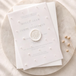 Elegant Pearl Vellum Wedding Invitation Suite with Wax Seal - Modern Pearl Design 'Perla'