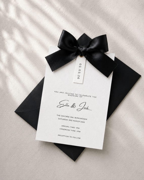 Black Ribbon Wedding Invitation Suite | Black and White Invites | Elegant Ribbon Invitation Set | Luxury Wedding Stationery