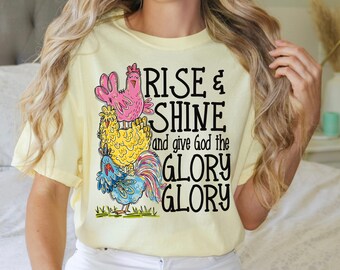 Aufstieg und Glanz geben Gott die Herrlichkeit Damen Christian wunderliche Huhn T-Shirt