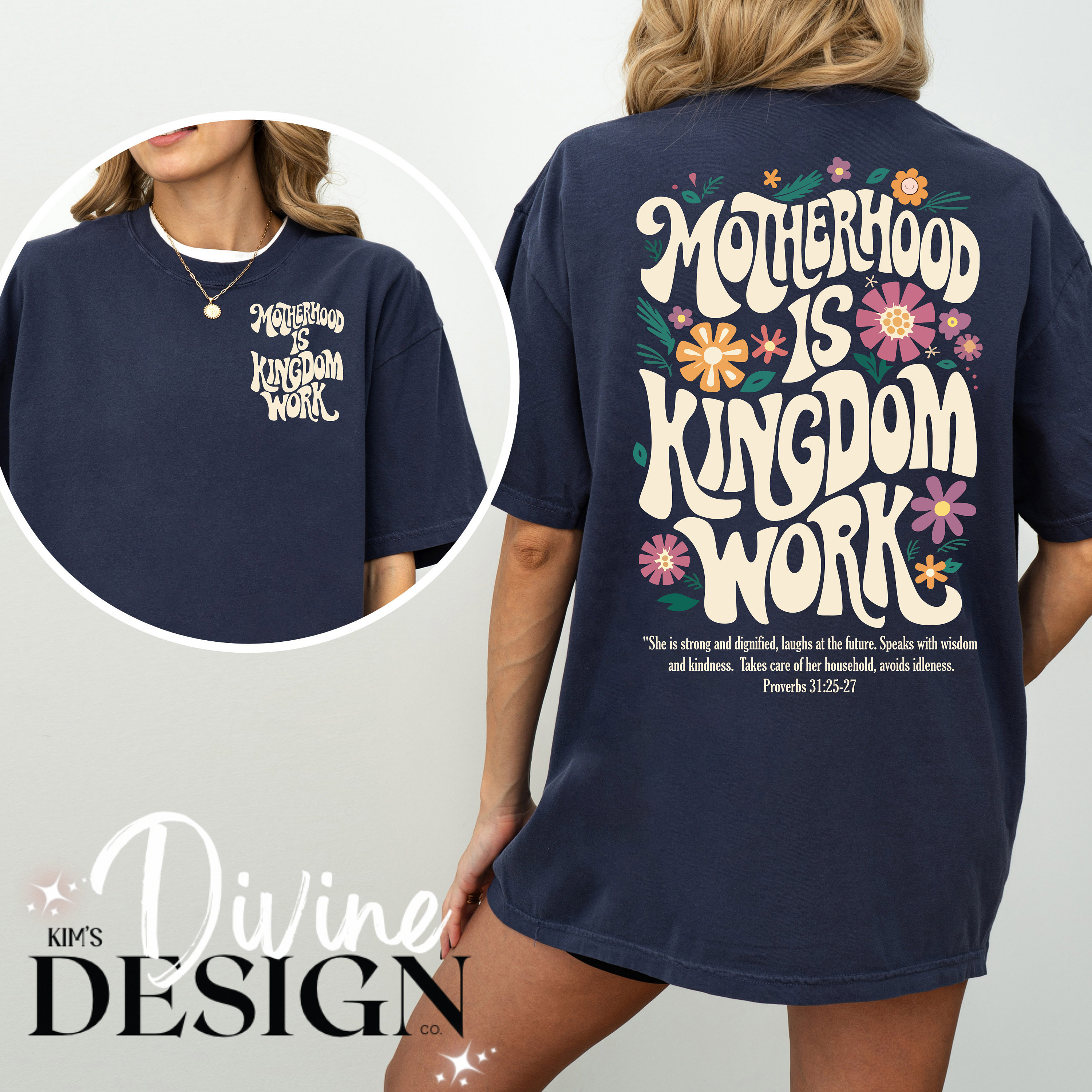 Motherhood is Kingdom Work Ladies Christian Mom Retro Floral T