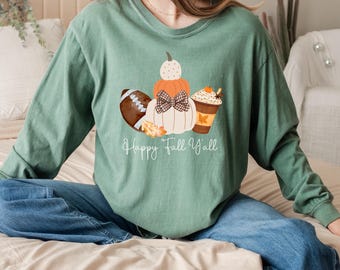 Happy Fall Y'all Langarm-T-Shirt: Fußball, Latte, Kürbis Design