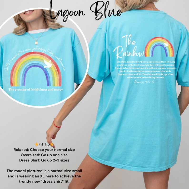 Regnbågs kristen t-shirt: Guds löfte komfortfärger t-shirt bild 6