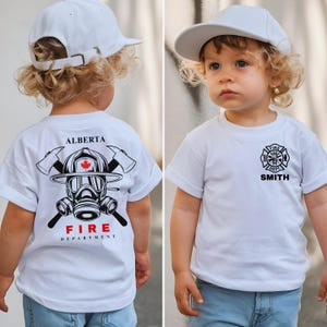 Personalized Firefighter Kids Shirt – Custom Fire Dept Toddler Tee with Name, Province & Country – Fireman Gift for Son of Firefighter