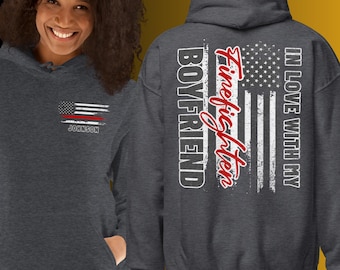 Firefighter Boyfriend Hoodie - Thin Red Line American Flag - Personalized Fireman Girlfriend Gift