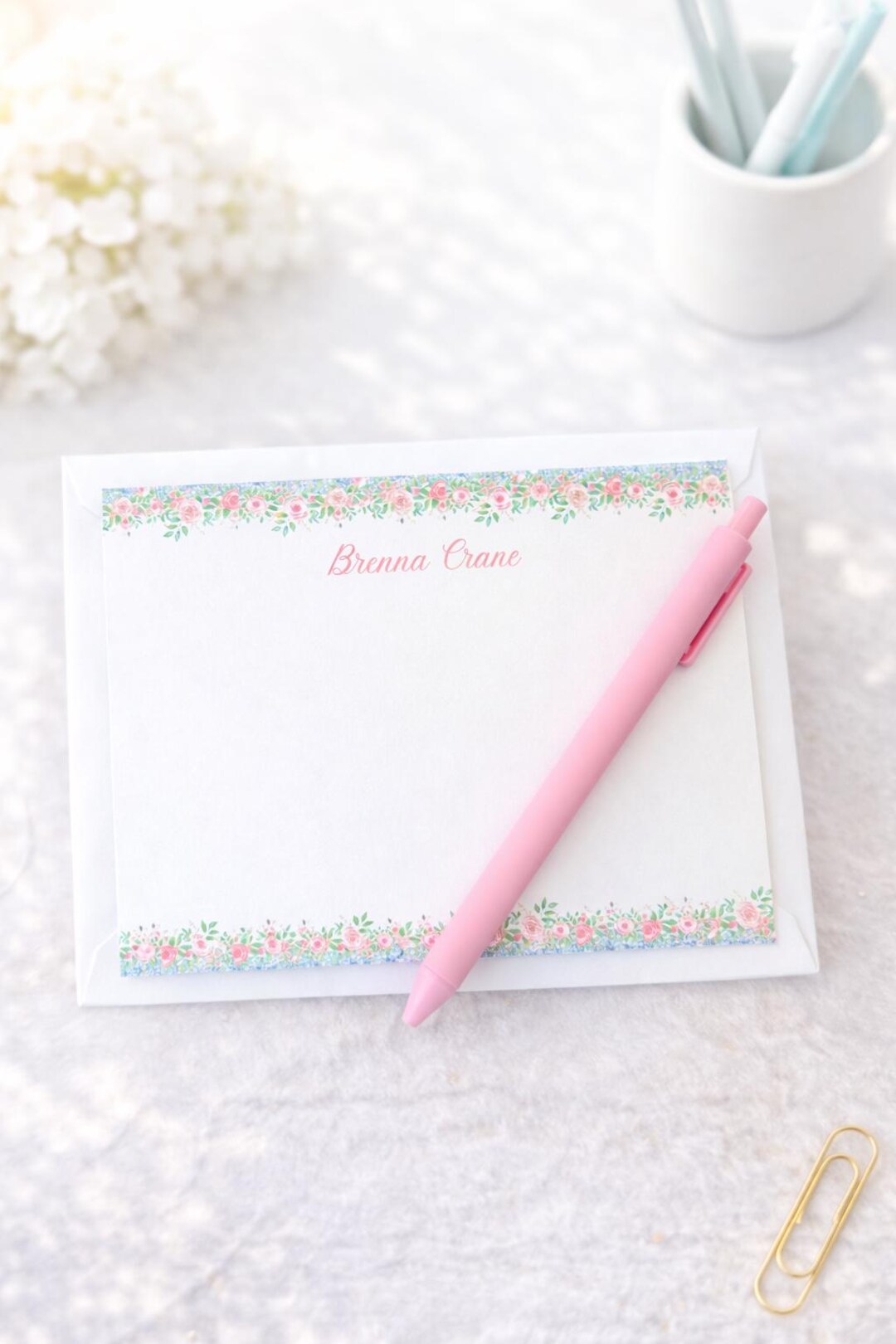 Personalized Floral Stationery Set – Pink Rose Border, Custom Notecards ...