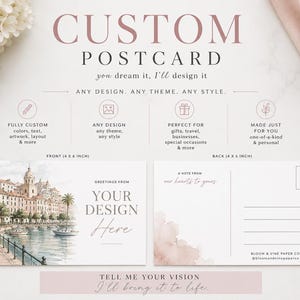 Puede incluir: Un servicio de postales personalizadas con el texto CUSTOM POSTCARD, you dream it, I'll design it, y ANY DESIGN. ANY THEME. ANY STYLE. Muestra el frente de una postal de 10,16 x 15,24 cm con una escena costera y el reverso con líneas de dirección.