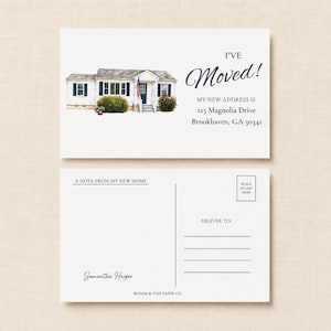 May include: A white moving announcement postcard featuring a watercolour illustration of a house with blue shutters and an American flag. The text reads I'VE MOVED! MY NEW ADDRESS IS 123 Magnolia Drive Brookhaven, GA 30341. The back includes address lines.