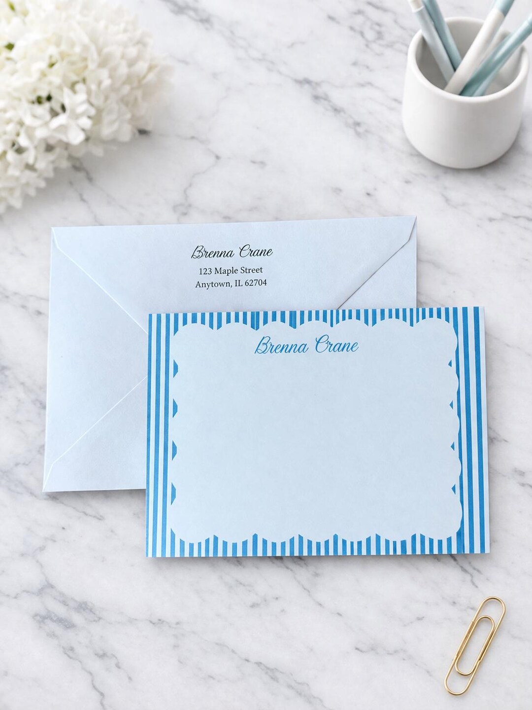 Personalized Blue Stripe Stationery Set | Scalloped Notecards With ...