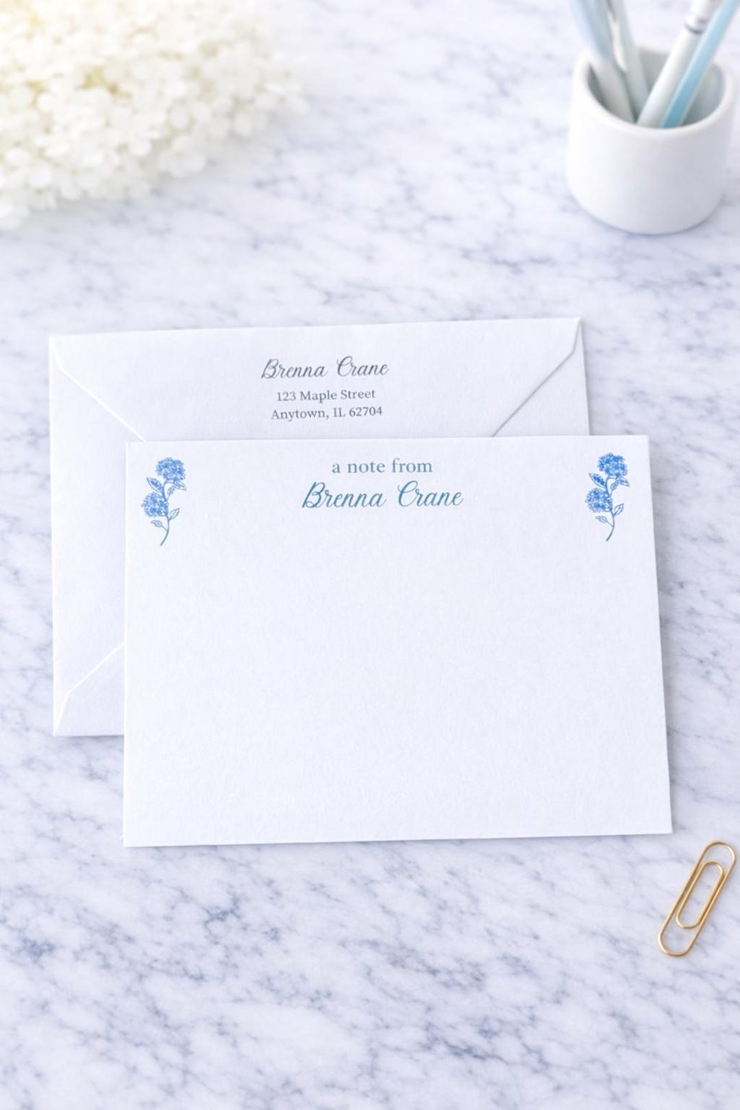 Personalized Blue Floral Stationery Set | Custom Name Notecards With ...