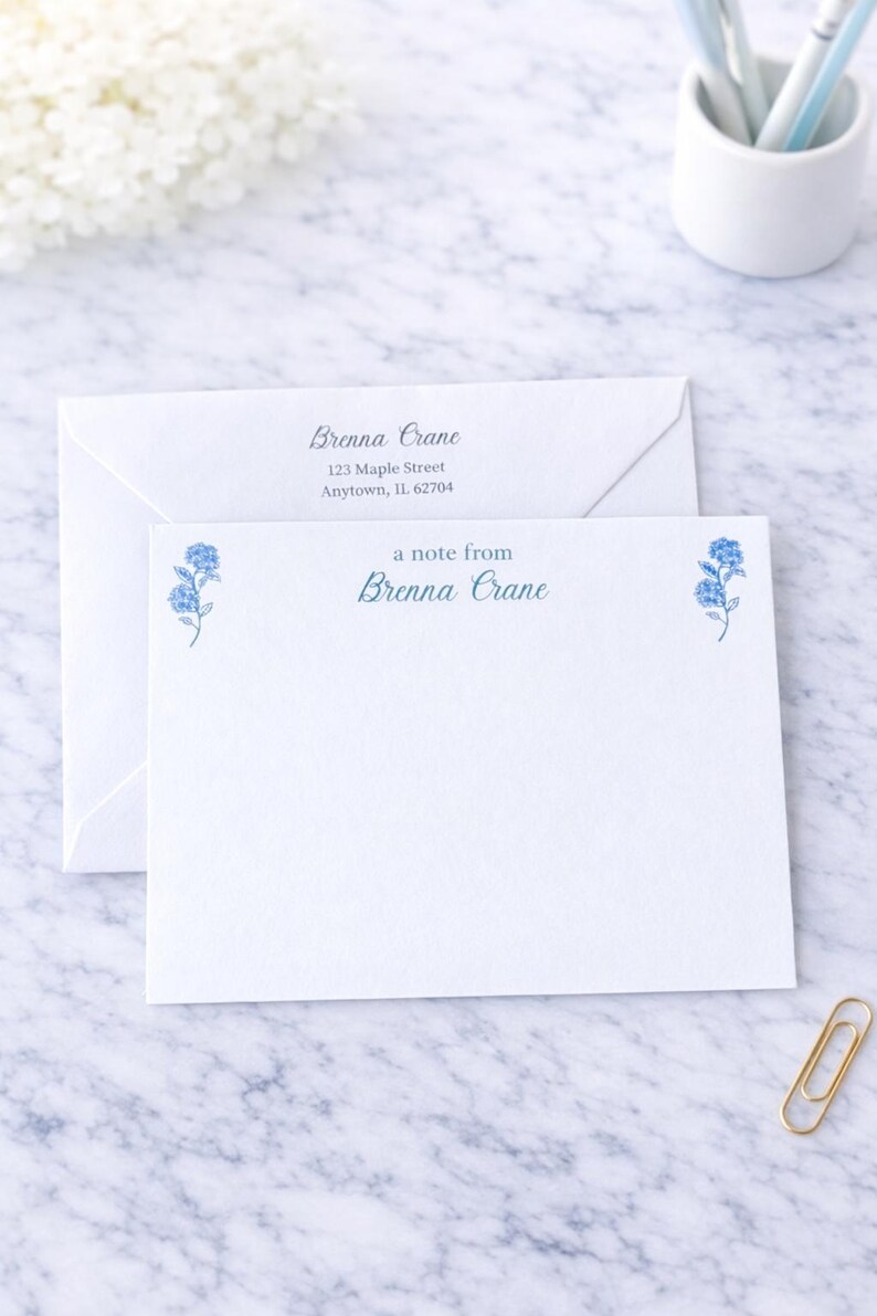 Personalized Blue Floral Stationery Set | Custom Name Notecards With ...