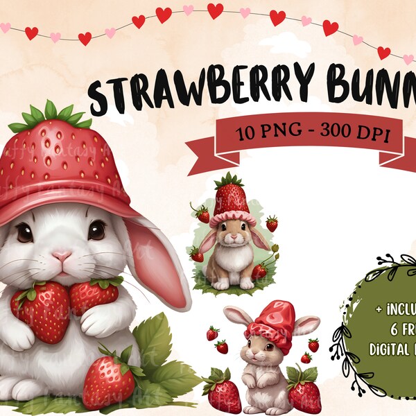 Strawberry Bunny Clip Art Bundle - Cute Kawaii Fruit PNG digital nursery art, card, sticker, sublimation, commercial use, instant download