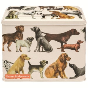 May include: A white rectangular tin with a colorful illustration of various dog breeds. The tin has the text "Emma Bridgewater" printed on the bottom.