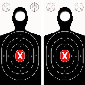 May include: Two black and white target silhouettes with a red X in the center of each target. The targets are numbered 7, 8, and 9.