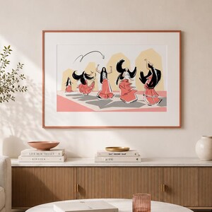 May include: A framed horizontal wall art print featuring a stylized illustration of five figures in red skirts dancing in a sequence. The figures are depicted in black and white with flowing hair and movement lines against a soft yellow and pink background.