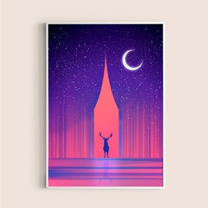 Illustrazione Fantasy cm 30 x 42, Notturno per sognatori, Illustrazione magica, Cielo stellato con luna, silhouette cervo