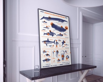 Tirage sérigraphie artisanale, affiche, impression A2, animaux marins