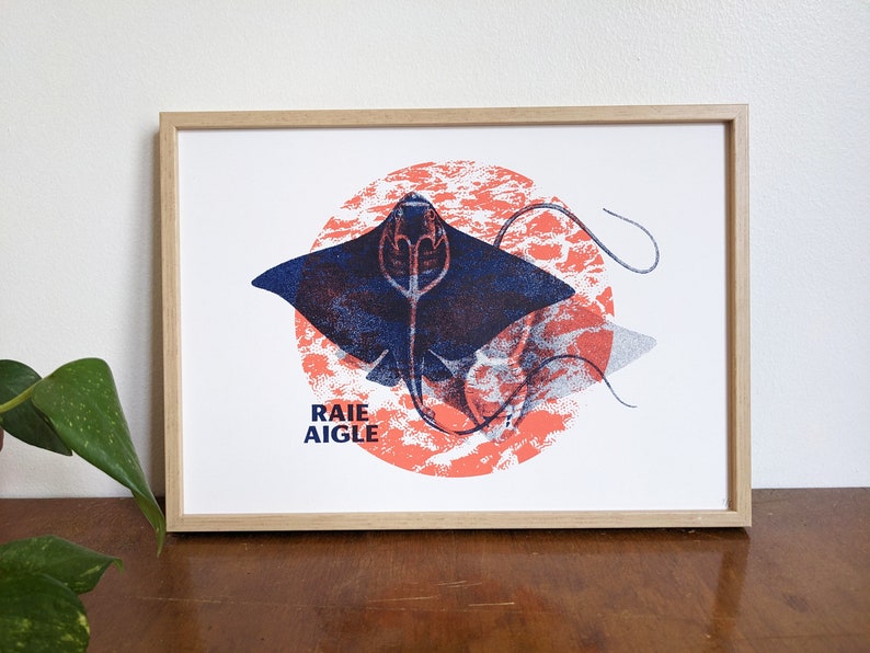 Eagle ray, artisanal screen print, A4 print image 1