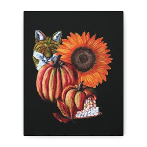 Impresión artística, lienzo mate con diseño de calabaza, zorro y girasol de otoño, estirado, 1 25", decoración de pared, decoración del hogar, póster de otoño, arte de Acción de Gracias, cosecha