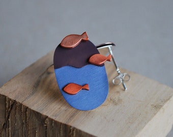 Fish earrings in copper and silver