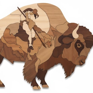 May include: Wooden wall art depicting a bison with a Native American rider. The artwork is crafted from various shades of wood, creating a mosaic effect. The bison is brown, tan, and dark brown, with the rider in light tones. The background is white.