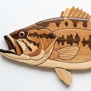 May include: A decorative wooden wall art piece shaped like a largemouth bass fish, crafted from various shades of natural wood including light tan, medium brown, and dark espresso, featuring intricate grain patterns and detailed carved fins.
