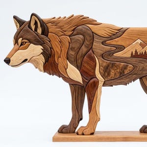 May include: A decorative wooden sculpture of a wolf standing on a rectangular base. The wolf is crafted from various shades of natural wood, featuring an intricate inlay design on its flank that depicts a mountain range and a forest of pine trees.