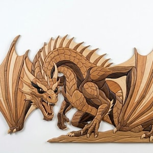 May include: A wall-mounted dragon sculpture crafted from layered wood in various natural brown tones. The dragon is depicted in a crouching position with wings spread, sharp claws, an open mouth showing teeth, and a long, curved, scaled tail.