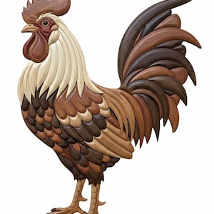 May include: A wooden rooster sculpture with detailed craftsmanship. The rooster features a brown comb, wattle, and tail feathers, with a cream-colored neck and chest. The body is composed of various shades of brown wood, creating a textured effect. The sculpture stands on two brown legs.