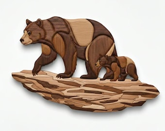 Patrón de carpintería en intarsia de osa negra y cachorro (38 x 23 cm)