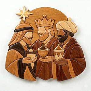 May include: Wooden wall art depicting the three wise men, each holding a gift. The artwork features a star and a semi-circular background. The piece is crafted from various shades of wood, creating a detailed and textured appearance.
