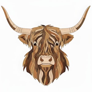 May include: A wooden Highland cow head, meticulously crafted from various shades of brown wood. The artwork features detailed grain patterns, long curved horns, and a shaggy coat, creating a rustic and textured appearance. The cow's face is centered, showcasing its eyes and nose.